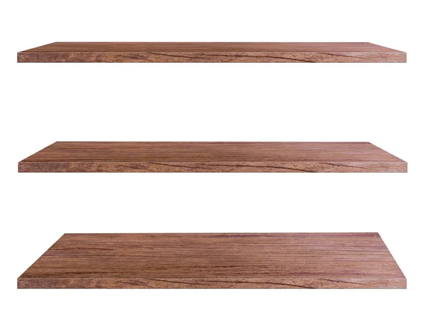 Prateleiras de madeira isoladas sobre fundo branco , — Fotografia de Stock