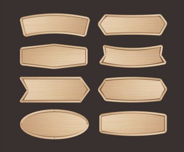 Tahta etiket koleksiyonu. Satılık fiyatlar, indirimli çıkartmalar, afişler, rozetler için çeşitli şekillerde tahta tabelalar. Vektör illüstrasyonu