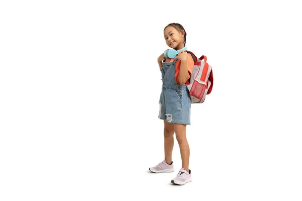 Happy Asian Child Girl Carry Backpack Isolate White Background — 스톡 사진