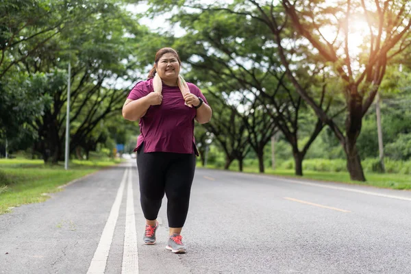 Fat Woman Asian Running Park Does Exercise Weight Loss Idea — Stock fotografie
