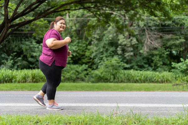 Fat Woman Asian Running Park Does Exercise Weight Loss Idea — Stock Fotó