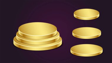 Altın podyum ürün standı. Altın Platformlar sunumu, kozmetik sahne kaidesi tasarımı, Vektör illüstrasyonunu gösteriyor