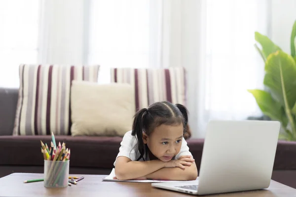 Asian Girl Thoughtful Studying Homework Online Lesson Home Social Distance — Stock Photo, Image