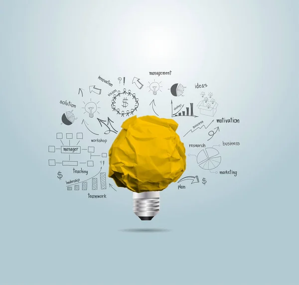 Creative Light Bulb Idea Crumpled Paper Ball Thinking Drawing Charts — Stock Vector