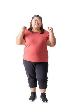 Fat woman asian shaking fists celebrating success, isolated white on background 