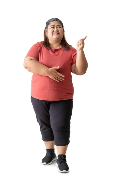 Fat Woman Asian Pointing Finger Side Isolated White Background — Stock Photo, Image