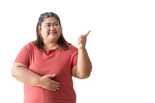 Asian Woman Fat Isolated White Background Pointing Finger Side — Stock Photo, Image