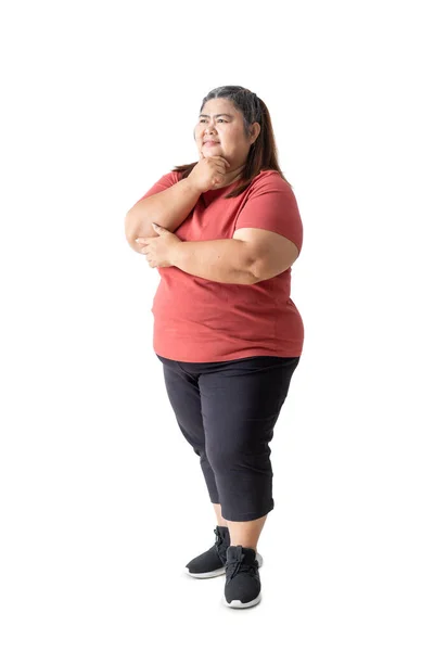 Fat Woman Asian Thinking Looking Isolated White Background — Stock Photo, Image