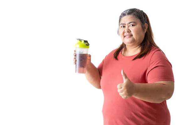 Asian Woman Fat Holding Water Supplement Bottle Thumbs Isolated White — Stock Photo, Image