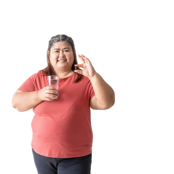 Fat Woman Asian Holding Food Supplement Holding Glass Water Isolated — Stock Photo, Image