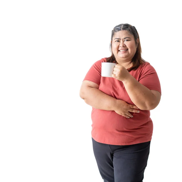 Fat Woman Asian Happy Smiling Holding Mug Isolated White Background — Stock Photo, Image
