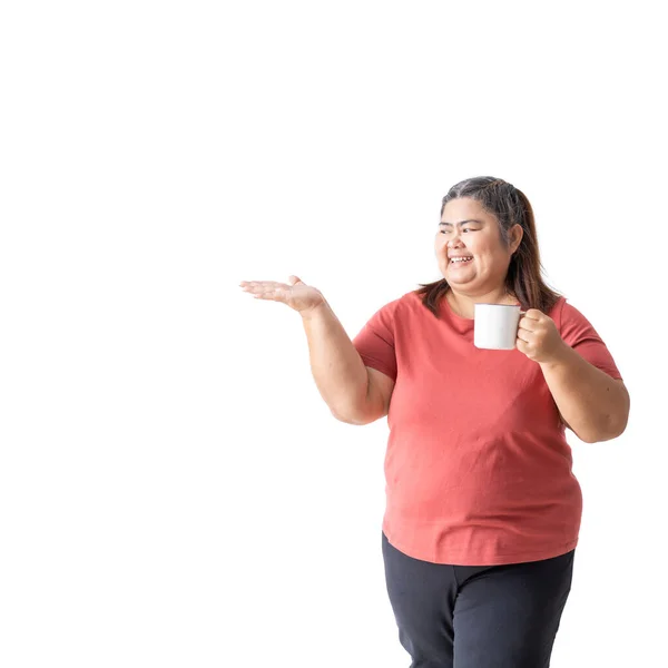 Fat Woman Asian Happy Smiling Holding Mug Hand Blank Space — Stock Photo, Image
