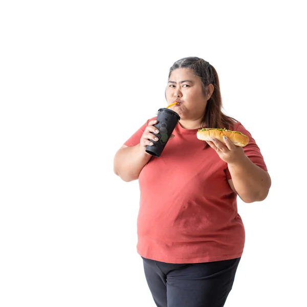 Asian Woman Fat Drinking Soda Holding Burger Isolated White Background — Stock Photo, Image