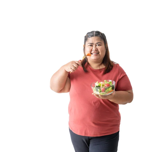 Asian Woman Fat Eating Health Food Isolated White Background — Stock Photo, Image