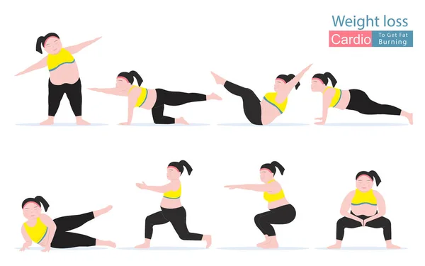 Жирные Женщины Кардио Упражнения Фитнес Тренировки Концепция Потери Веса Сжигании — стоковый вектор