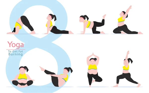 Yoga Berpose Untuk Latihan Dalam Membakar Lemak Wanita Gemuk Berolahraga - Stok Vektor