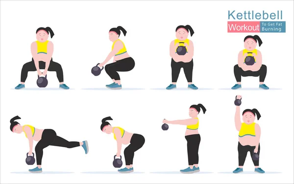 Fat Women Work Out Kettlebell Fitness Training Concept Weight Loss — Stok Vektör
