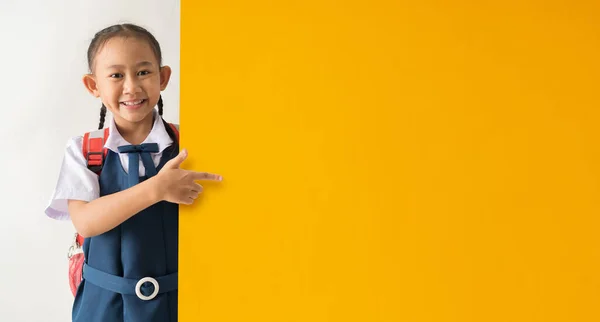 Asian Student Girl Wears School Uniform Pointing Fingers Copy Space — Stock fotografie