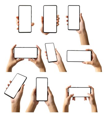 Set of Hands holding black smartphone, isolated Clipping paths for design work empty free space mock up product display presentation.