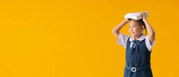 Funny Smiling Child School Girl Glasses Hold Books Her Head — Photo