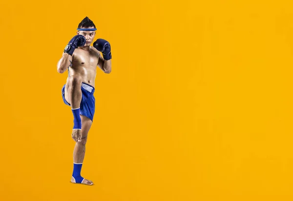 Muay Thai Asian Man Exercising Thai Boxing Isolated Yellow Background — Foto Stock