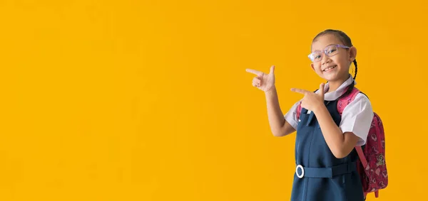 Asian Student Girl Wears School Uniform Pointing Fingers Copy Space — Stock Fotó