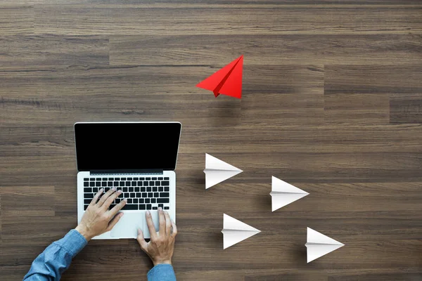 Red Paper Plane Changing Direction White Top View Businessman Working — Fotografie, imagine de stoc