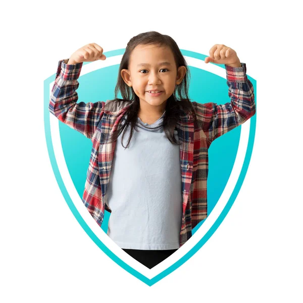 Asian Child Girl Raises Arms Shows Muscles Immunity Shield Protected — Stockfoto