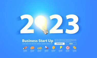 Yaratıcı ampul fikri, ilham kaynağı iş planı konsepti, vektör illüstrasyon modern tasarım şablonu ile 2023 numaralı yeni yıl tasarımı