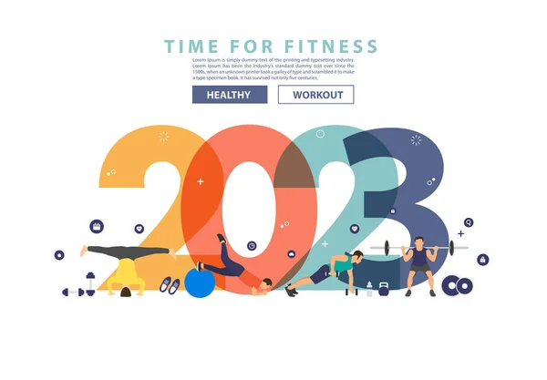 2023 Neujahr Fitness Ideen Konzept Mann Workout Fitnessgeräte Mit Flachen — Stockvektor