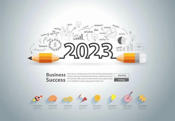 2023 Año Nuevo Con Diseño Lápiz Creativo Gráficos Dibujo Estrategia — Vector de stock