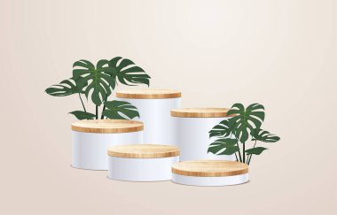 Vektör ahşap podyum sunumu, ahşap ürün, doğal yeşil yapraklı kozmetik sahne kaidesi tasarımı.
