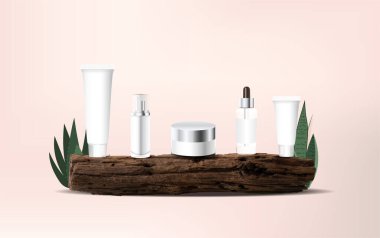 Vektör ahşap ürün görüntüleme podyumu sunumu, sahne kaidesi, günlük kaydı veya kütük minimum podyum fikir tasarımı şablonu tasarımında kozmetik ürünleri ile maket oluşturur.