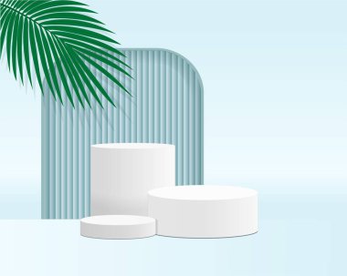 Kaidesel geometrideki yuvarlak gerçekçi duruş. Gölge yapraklı geometrik platformlu arka plan vektör sahnesi. Pastel oda asgari duvar sahnesi 3d vektör illüstrasyonu.