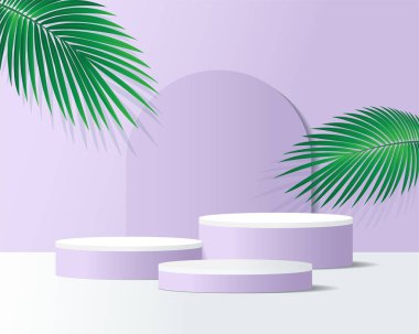 Kaidesel geometrideki yuvarlak gerçekçi duruş. Yeşil yapraklı geometrik platformlu arka plan vektör sahnesi. Pastel oda asgari duvar sahnesi 3d vektör illüstrasyonu.