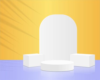 Podyum beyaz 3D ve en az beyaz duvar manzarası, en az podyum palmiye yaprağı gölgesi. Ürün gösterimi için parlak renk arkaplanı. Vektör geometrik platform.