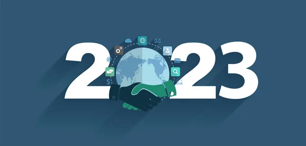 2023 Neujahr Geschäftswelt Handschlag Verbindung Deal Icons Digitales Marketing Ideen — Stockvektor