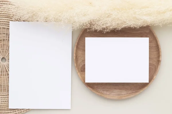 Blank Paper Cards Mockup Pampas Grass Wooden Plate Beige Background — Stock Photo, Image