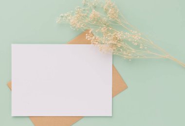 Boş tebrik kartı daveti Kahverengi zarf üzerinde Mockup 5x7 pastel yeşil arka planda kurumuş çiçekler, düz yatış, taklit