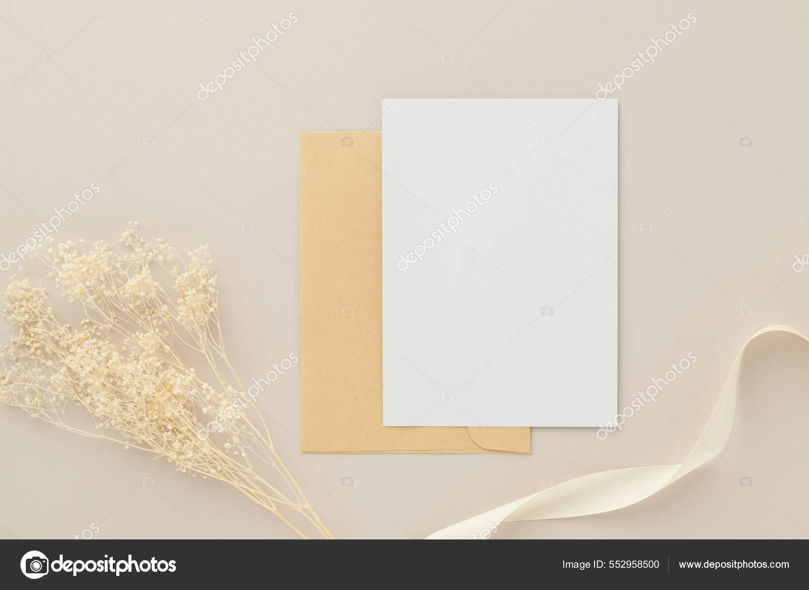 Blank Greeting Card Invitation Mockup 5X7 Brown Envelope Dried Flowers Stock Photo by