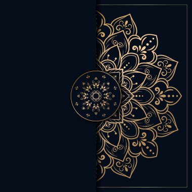Altın ve koyu mavi renkli mandala tasarımı, çiçek mandala arkaplanı