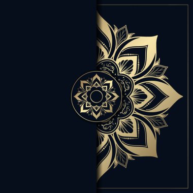 Altın ve koyu mavi renkli mandala tasarımı, çiçek mandala arkaplanı