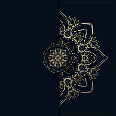Altın ve koyu mavi renkli mandala tasarımı, çiçek mandala arkaplanı