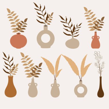 Toprak tonunda çiçekli vazo seti, İskandinav vazosu illüstrasyonu
