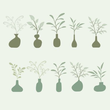 Vazo ve yapraklar yeşil renk, düz vazo, minimal tasarım