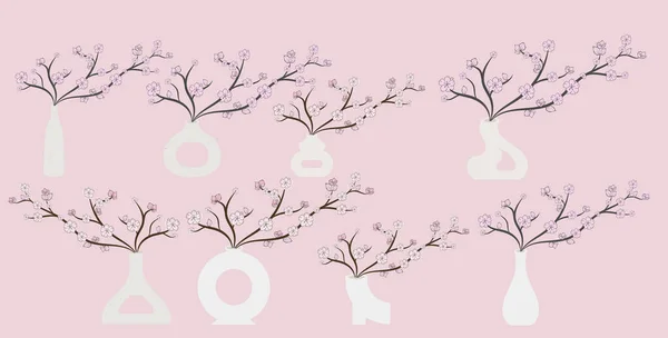 Set Minimalist Ceramic Vase Cherry Blossom Sakura Branch — Stock Vector