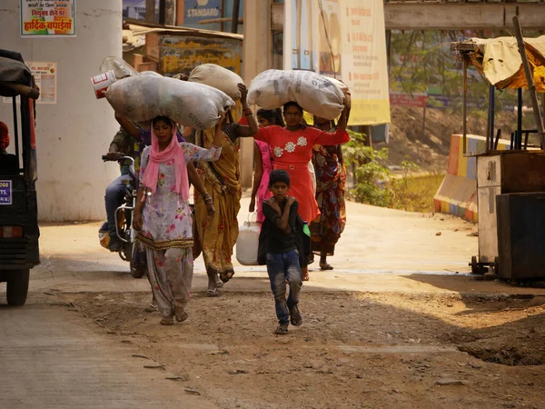 Unidentified Poor Family Group People Coming Heavy Luggage Transportation Roadside Stock Image