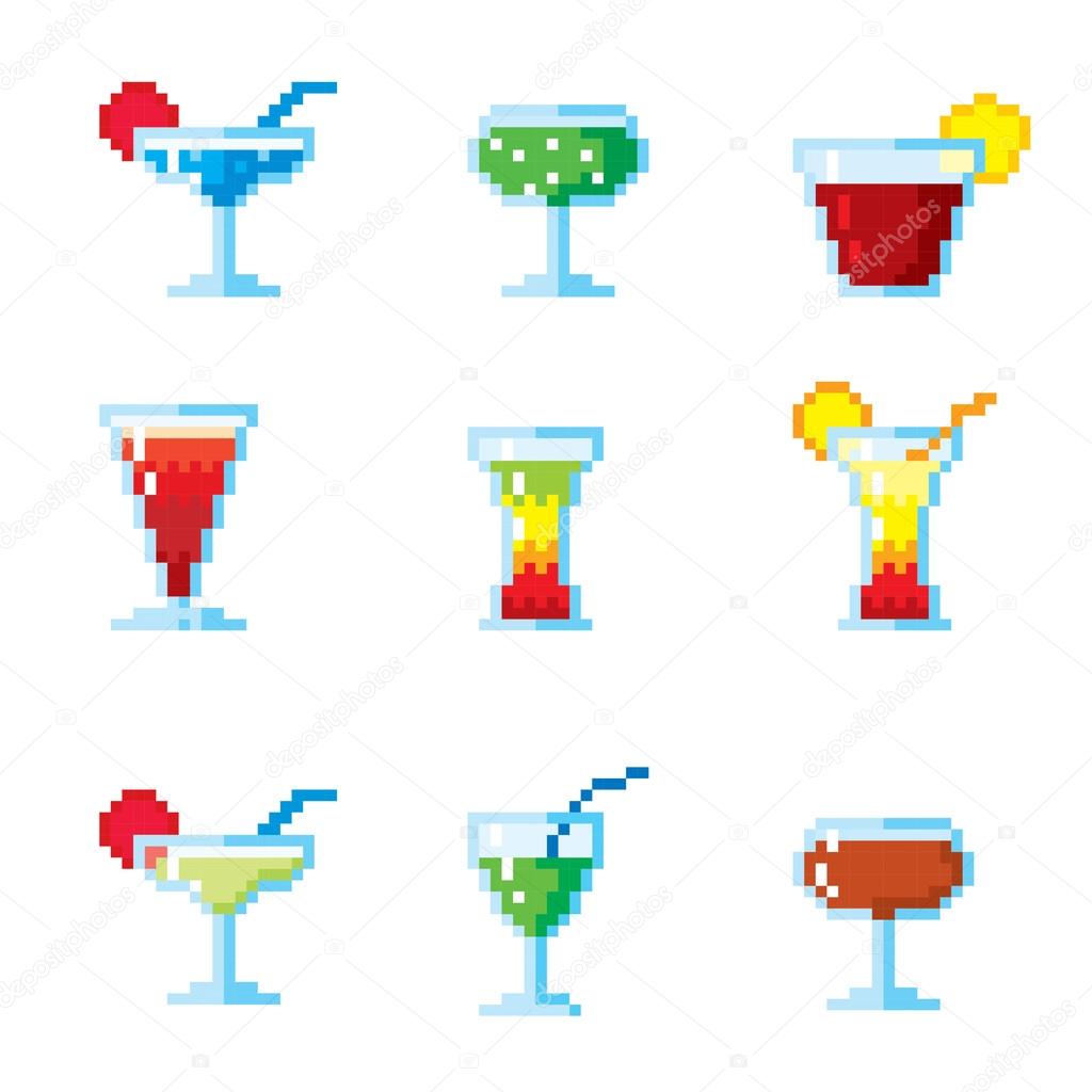 Set of pixel icons. Cocktails and drinks.