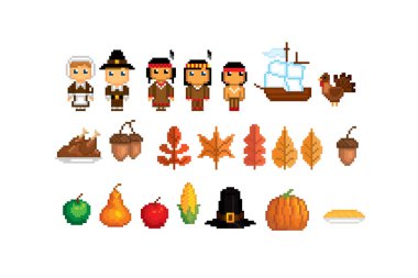 Şükran Günü piksellerinin büyük bir koleksiyonu. Logo, çıkartma, ağ, nakış ve mobil uygulama için element tasarımı. İzole vektör çizimi. 8-bit peri..