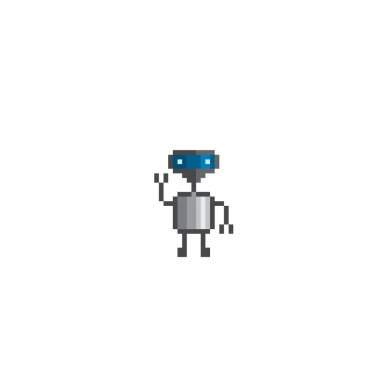 Robot! Yapay Zeka İlişkili. Android, İnsanımsı Robot, Düşünme Makinesi. Logo, çıkartma, ağ ve mobil uygulama için tasarım. Piksel sanatı. Eski bilgisayar grafikleri. 8 bit video oyunu. Oyun varlıkları.